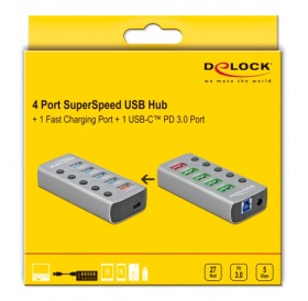 DELOCK USB hub με διακόπτες 63263, 5x USB & USB-C PD, 5Gbps, 2.4A, γκρι