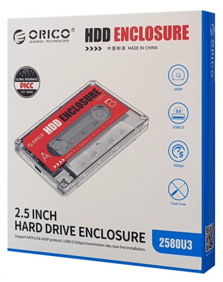 ORICO εξωτερική θήκη για 2.5" HDD 2580U3, USB 3.0, έως 4TB, διάφανη