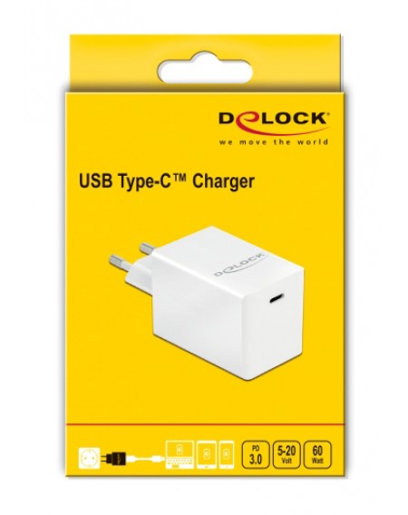 DELOCK φορτιστής τοίχου 41447, USB-C, PD 3.0, 60W, 5-20V, λευκός