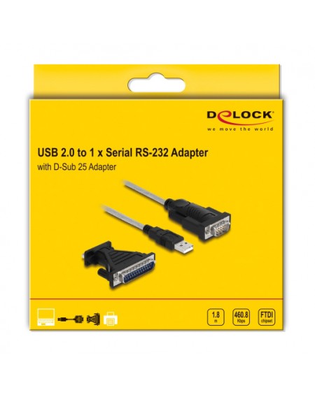 DELOCK καλώδιο USB σε RS-232 DB9 61314 με αντάπτορα DB25, 1.8m, μαύρο