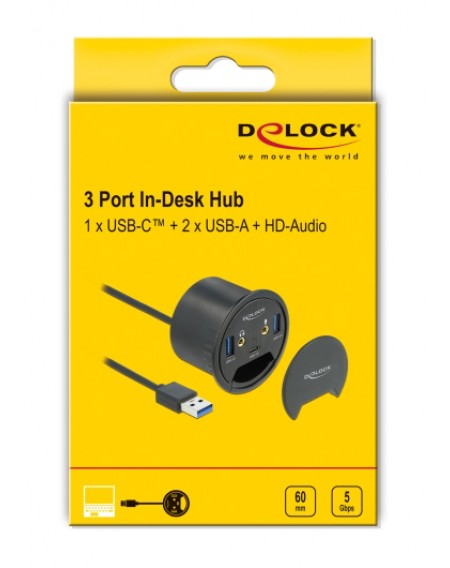 DELOCK USB hub 62794, 2x USB 3.2/USB-C/2x 3.5mm, 5Gbps, 60mm, μαύρο