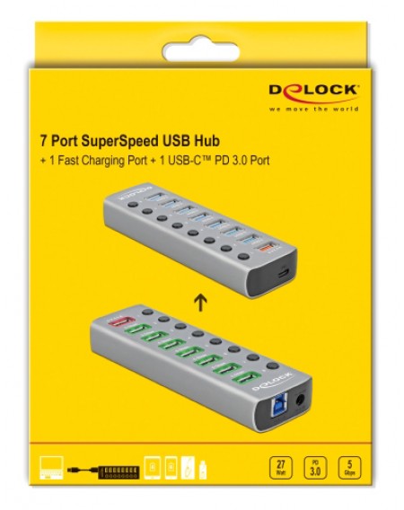 DELOCK USB hub με διακόπτες 63264, 8x USB & USB-C PD, 5Gbps, 2.4A, γκρι