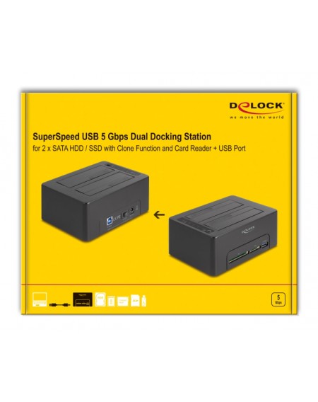 DELOCK docking station 64183 clone function, 2x HDD, CF/SD, 5Gbps, μαύρο