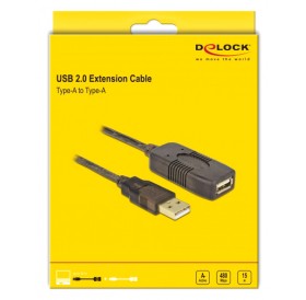 DELOCK καλώδιο USB 2.0 αρσενικό σε θηλυκό 82689, 480Mbps, 15m, μαύρο