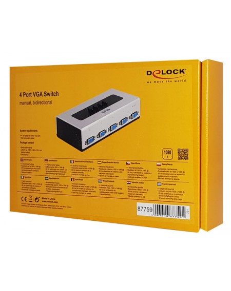 DELOCK VGA switch 87759, 4 ports, bidirectional, Full HD, ασημί