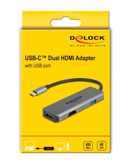 DELOCK αντάπτορας USB-C σε USB & 2x HDMI 87780, 480Mbps, 4K, γκρι