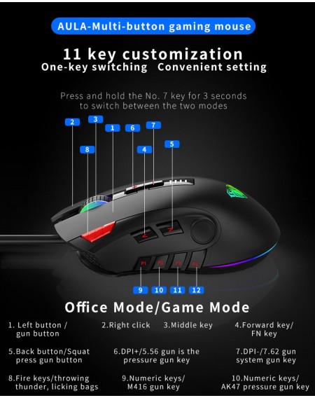 AULA ενσύρματο gaming ποντίκι Fire H512, 5000DPI, 12 πλήκτρα, RGB, μαύρο