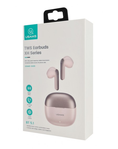 USAMS earphones με θήκη φόρτισης XH09, True Wireless, ροζ