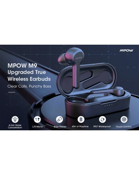 MPOW earphones με θήκη φόρτισης M9 BH413A, True Wireless, μαύρα
