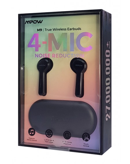 MPOW earphones με θήκη φόρτισης M9 BH413A, True Wireless, μαύρα