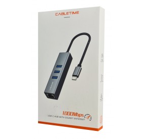 CABLETIME USB-C hub CT-CMLU3, RJ45 & 3x USB θύρες, 5Gbps, 1000Mbps, γκρι
