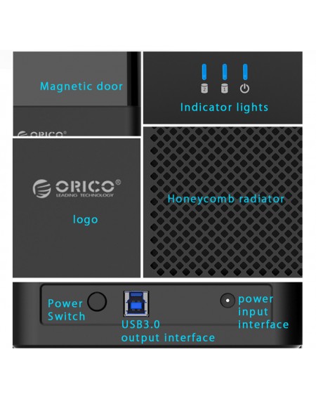 ORICO εξωτερική θήκη για 2x 3.5" HDD DS200U3, USB 3.0, έως 20TB, μαύρη