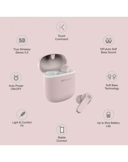 HIFUTURE earphones FlyBuds, true wireless, με θήκη φόρτισης, ροζ