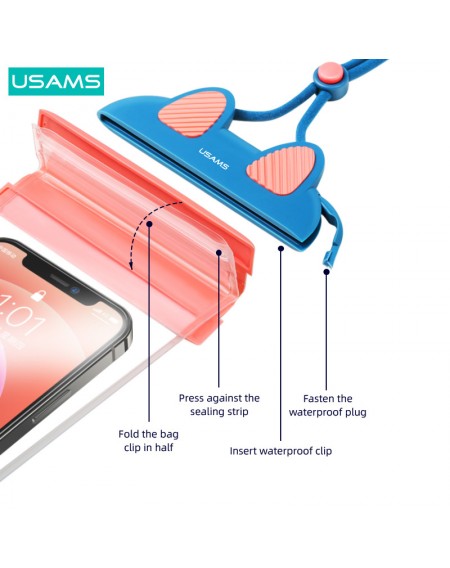 USAMS αδιάβροχη θήκη κινητού US-YD010, έως 7", IPX8, μπλε & ροζ