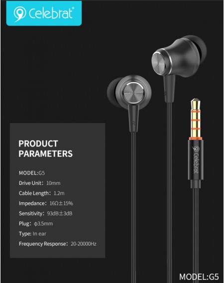 CELEBRAT earphones με μικρόφωνο G5, 3.5mm, 1.2m, μαύρα