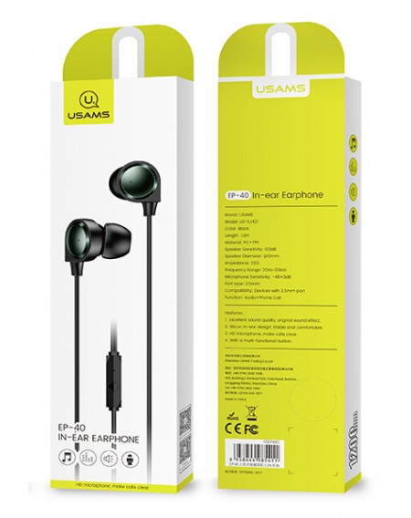USAMS earphones με μικρόφωνο EP-40, 3.5mm, 1.2m, μαύρα