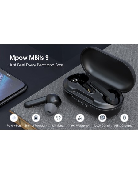 MPOW earphones με θήκη φόρτισης Mbits S BH481A, True Wireless, μαύρα