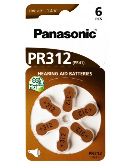 PANASONIC μπαταρίες ακουστικών βαρηκοΐας PR312, mercury free, 1.4V, 6τμχ