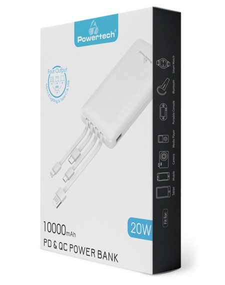 POWERTECH Power Bank PT-980 10000mAh, 4x Output, PD 20W & QC 18W, λευκό