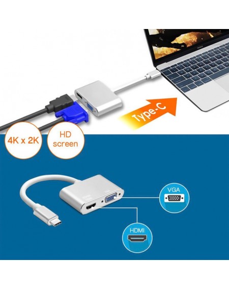 POWERTECH αντάπτορας USB Type-C σε VGA + HDMI 4K PTH-041, ασημί