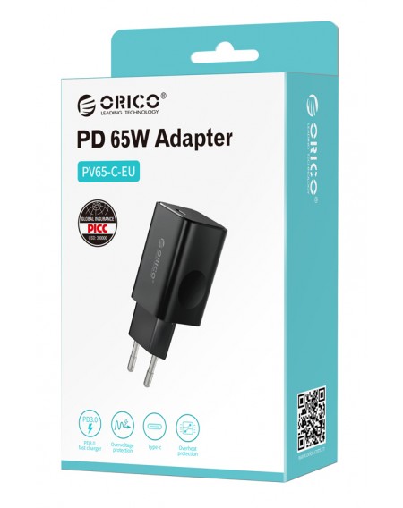 ORICO φορτιστής τοίχου PV65-C, USB Τype-C, PD QC 3.0, 65W, μαύρος