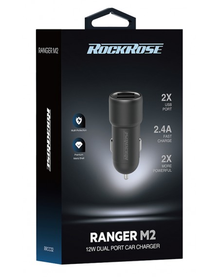 ROCKROSE φορτιστής αυτοκινήτου Ranger M2, 2x USB, 12W, 2.4A, μαύρος