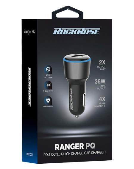 ROCKROSE φορτιστής αυτοκινήτου Ranger PQ, 2x USB, 36W, 3A, μαύρος
