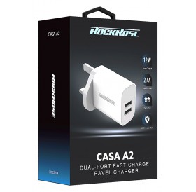 ROCKROSE φορτιστής τοίχου για πρίζα UK Casa A2, 2x USB, 2.4A 12W, λευκός
