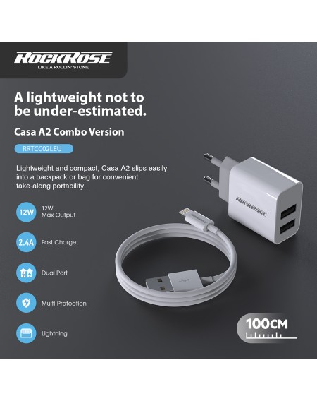 ROCKROSE φορτιστής τοίχου RRTCC02LEU καλώδιο Lightning, 2xUSB 12W, λευκό
