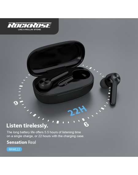 ROCKROSE earphones Sensational Real, θήκη φόρτισης, True Wireless, μαύρα
