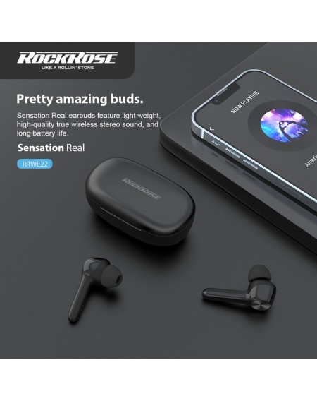 ROCKROSE earphones Sensational Real, θήκη φόρτισης, True Wireless, μαύρα