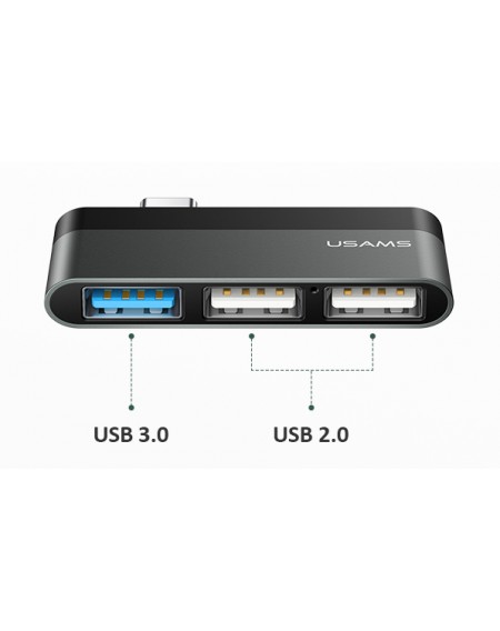 USAMS USB Type-C hub SJ461, 1x USB 3.0, 2x USB 2.0, γκρι