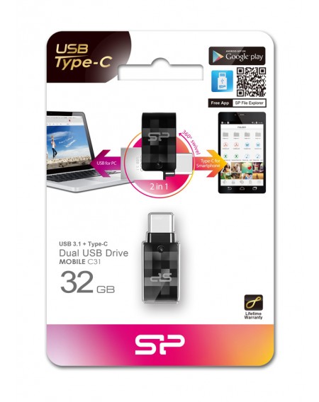 SILICON POWER Dual USB Flash Drive C31, USB 3.1 & Type-C, 32GB, μαύρο