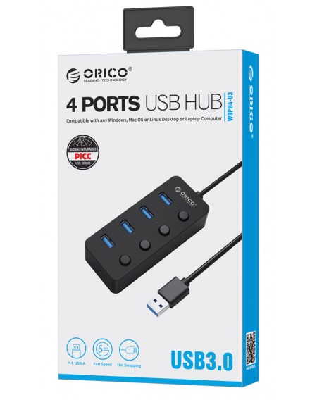 ORICO USB 3.0 Hub W9PH4-U3, 4x USB3.0 ports, 5Gbps, μαύρο