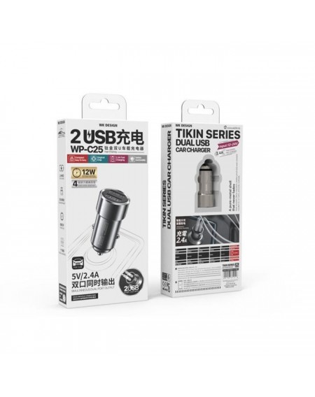 Car Charger WK 12W Dual USB 2.4A Silver WP-C25
