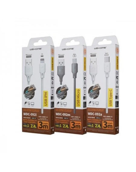 Charging Cable WK TYPE-C White 3m Full Speed Pro WDC-092 2.4A