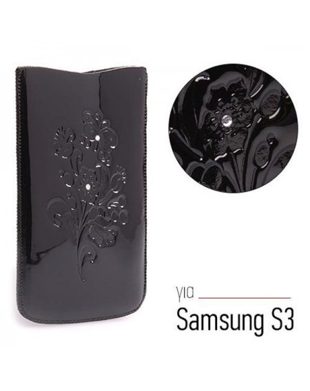 Θήκη από δερματίνη με ανάγλυφο σχέδιο και στρασάκια για Samsung Galaxy S3 / 4.8 ιντσών- Μαύρο - 8254 GL-24681