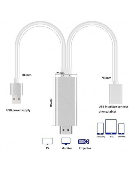 Αντάπτορας 1080P θηλυκού USB σε HDMI για σύνδεση iOS/Android με TV/Projector - Ασημί GL-27003