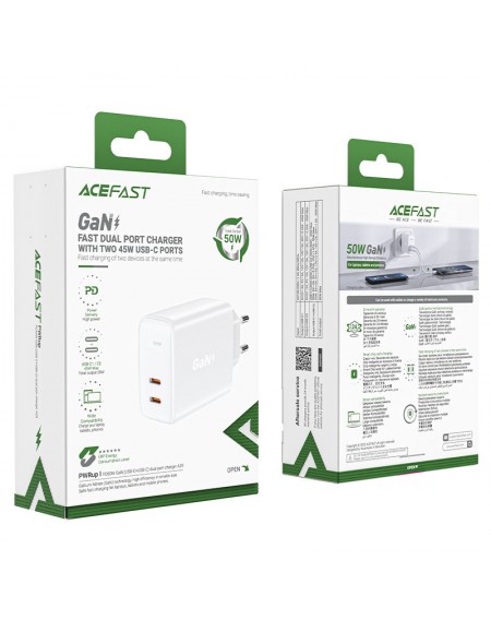 Acefast charger GaN USB Type C 50W, PD, QC 3.0, AFC, FCP white (A29 white)