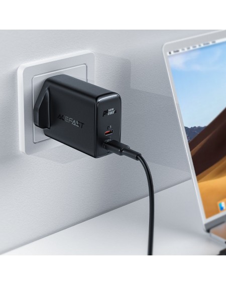 Acefast GaN charger (UK plug) 2x USB Type C 50W, Power Delivery, PPS, Q3 3.0, AFC, FCP black (A32 UK)