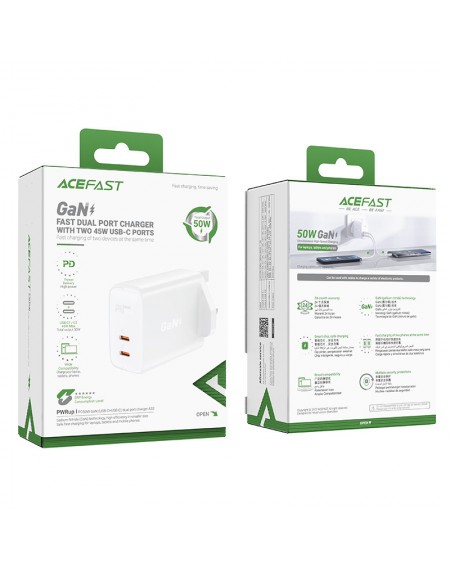 Acefast GaN charger (UK plug) 2x USB Type C 50W, Power Delivery, PPS, Q3 3.0, AFC, FCP (A32 UK)