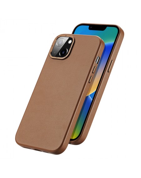 Dux Ducis Grit Leather Case for iPhone 14 Plus Elegant Faux Leather Cover (MagSafe Compatible) Brown