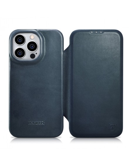 iCarer CE Oil Wax Premium Leather Folio Case Leather Case iPhone 14 Pro Magnetic Flip MagSafe Blue (AKI14220706-BU)