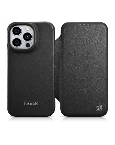 iCarer CE Premium Leather Folio Case Leather Case iPhone 14 Pro Max Magnetic Flip MagSafe Black (WMI14220716-BK)