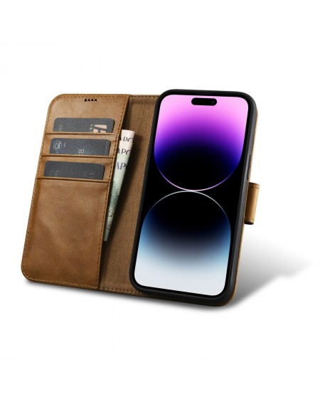 iCarer Oil Wax Wallet Case 2in1 Cover iPhone 14 Pro Anti-RFID Leather Flip Case Brown (WMI14220722-TN)