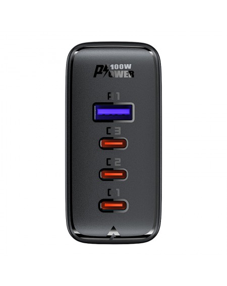 Acefast fast charger GaN 3xUSB-C/1xUSB-A 100W black + angled cable USB-C - USB-C 100W 2m black