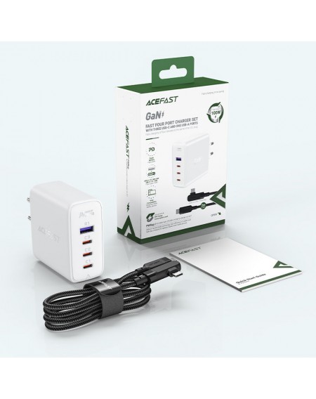 Acefast fast charger GaN 3xUSB-C/1xUSB-A 100W white + angled cable USB-C - USB-C 100W 2m white