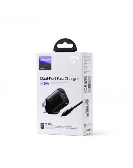 Joyroom fast UK wall charger USB Type C + USB 20W PD QC3.0 black (L-QP2011) + USB Type C - Lightning cable 1m (S-M006)