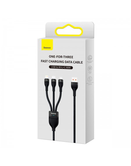 Baseus Flash Series Ⅱ 3in1 Fast Charging Cable USB-A to USB-C / Micro-USB / Lightning 66W 480Mbps 1.2m Black