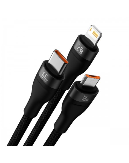 Baseus Flash Series Ⅱ 3in1 Fast Charging Cable USB-A to USB-C / Micro-USB / Lightning 66W 480Mbps 1.2m Black